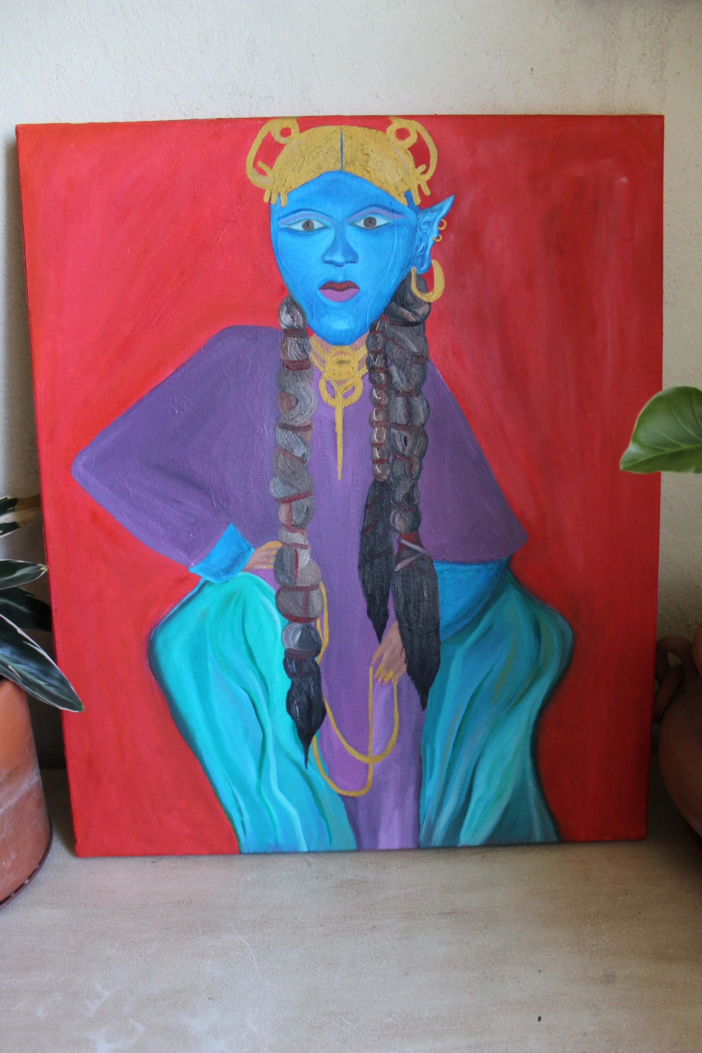 [DISPONIBLE] La Sagrada - Pintura intervenida con fibras sintéticas trenzadas - Óleo sobre lienzo, fibrás sintéticas, hilos de poliéster - 50 x 60 cm - 2025