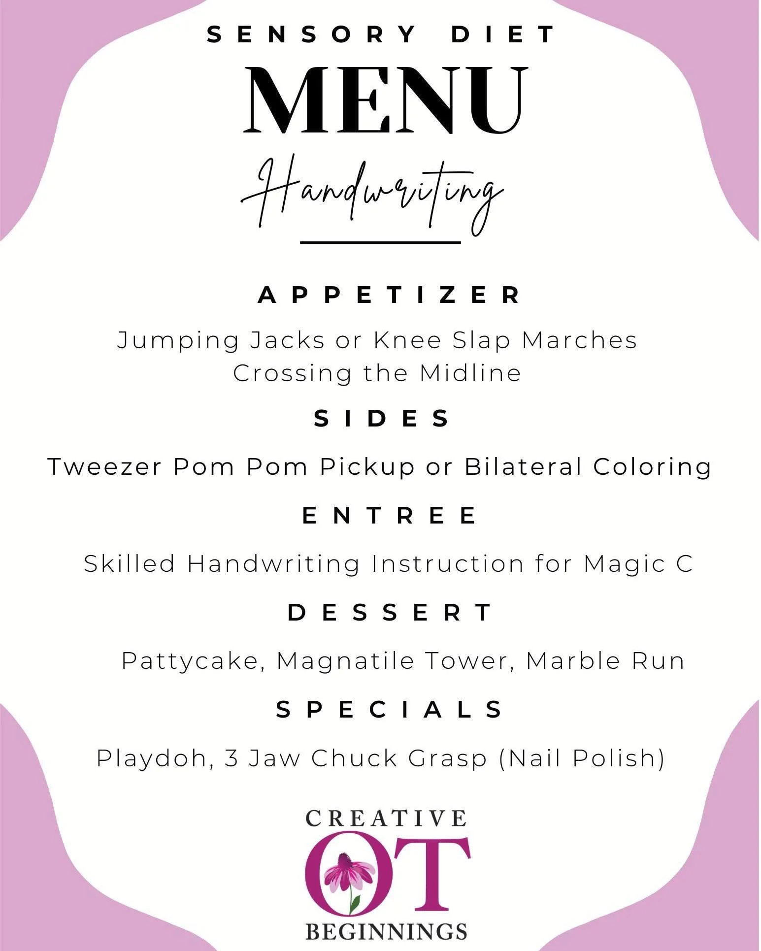 ✍️ This sensory diet "menu" supports coordinaton, body awareness, fine motor control, and focus! 🍽️

It's packed with fun, functional activities that help support the many skills needed for confident, effective handwriting. Whether it&rsqu