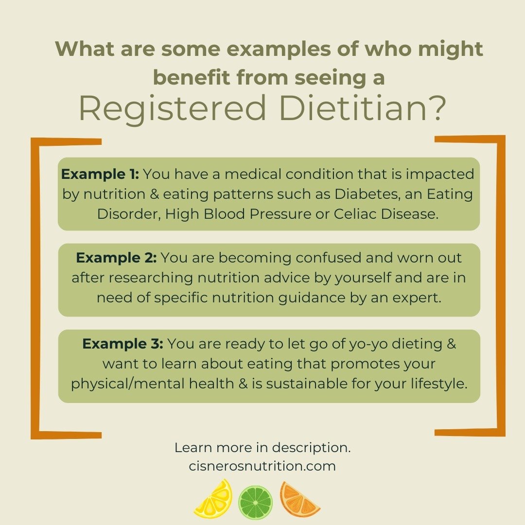The examples of who might benefit from seeing a Registered Dietitian can be very multifaceted. ✨

Food is a massive part of life and our health. The examples listed in this posting are just 3 of countless other examples that represent who might benef