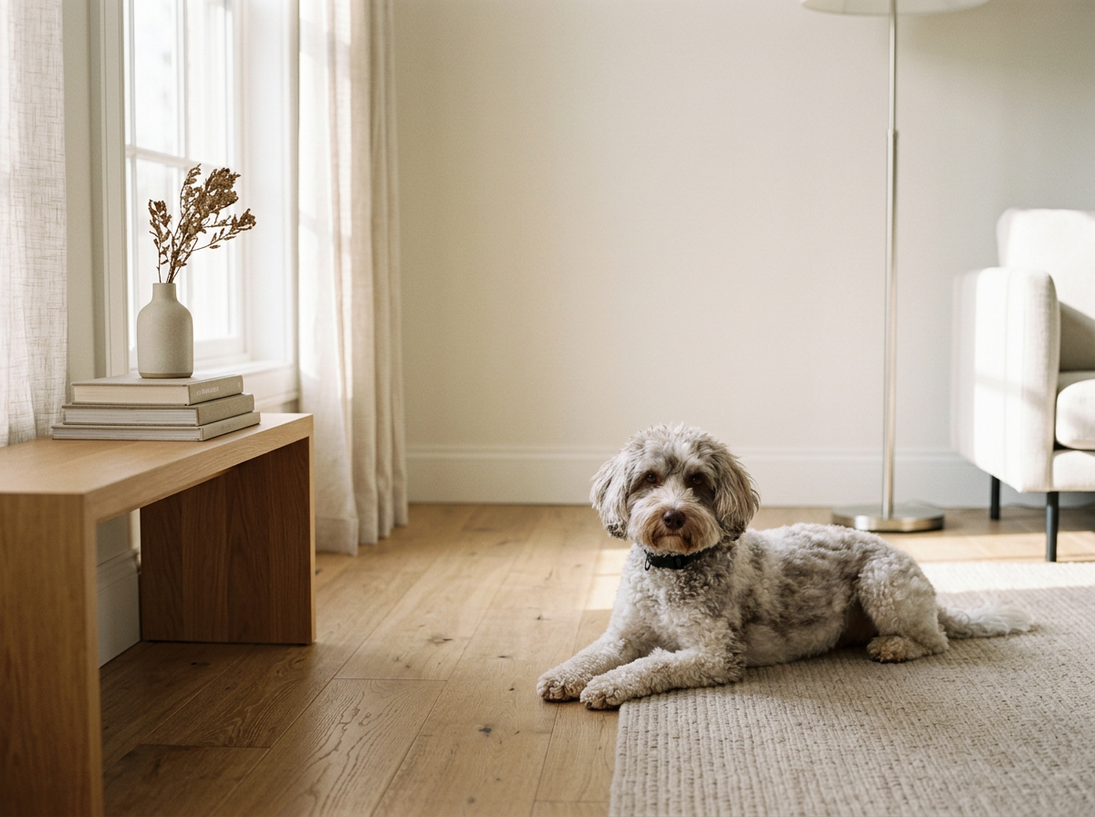 A small fluffy dog lying on a beige rug in a living room with wooden flooring, next to a white armchair, near a lamp and a side table with books and a vase with dried flowers.