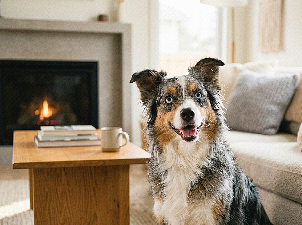 An Australian Shepherd dog sitting inside a cozy living room near a coffee table and a fireplace.