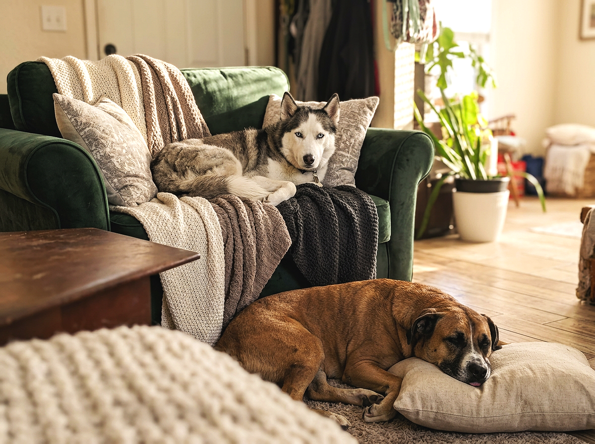 A Siberian Husky resting on a green couch surrounded by pillows and knit blankets, while a brown mixed-breed dog sleep on a pillow on the floor next to the couch in a cozy living room.
