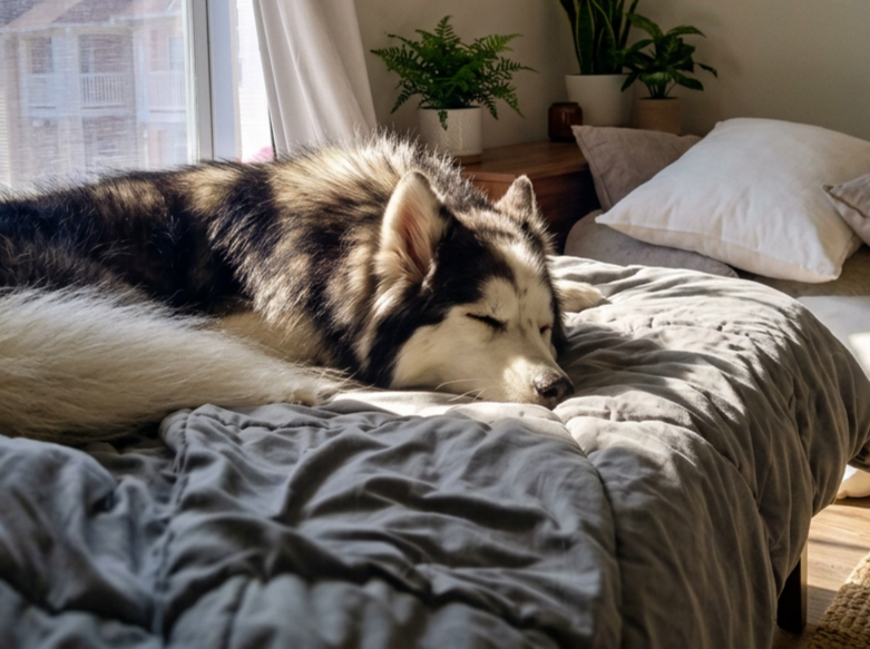 A sleeping husky dog with black and white fur lying on a bed with gray bedding in a well-lit bedroom.