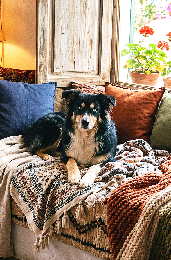 A black and tan dog lying on a bed with colorful, patterned blankets and pillows, near a window with a potted plant outside.