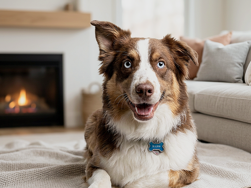 A happy Australian Shepherd dog with blue eyes, wearing a blue bone-shaped tag, sitting on a beige blanket in a cozy living room with a fireplace, a couch with pillows, and a window with sheer curtains in the background.