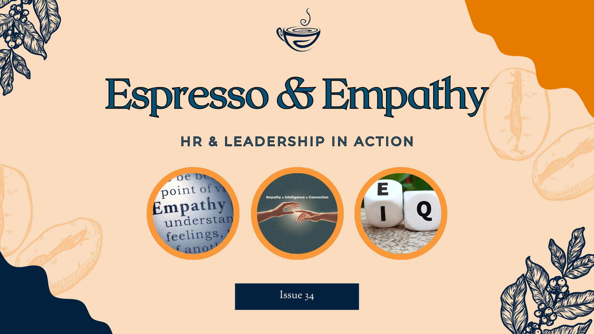Cover page of a publication titled 'Espresso & Empathy: HR & Leadership in Action', Issue 34, featuring images of coffee beans, a steaming cup illustration, and icons representing empathy and IQ.