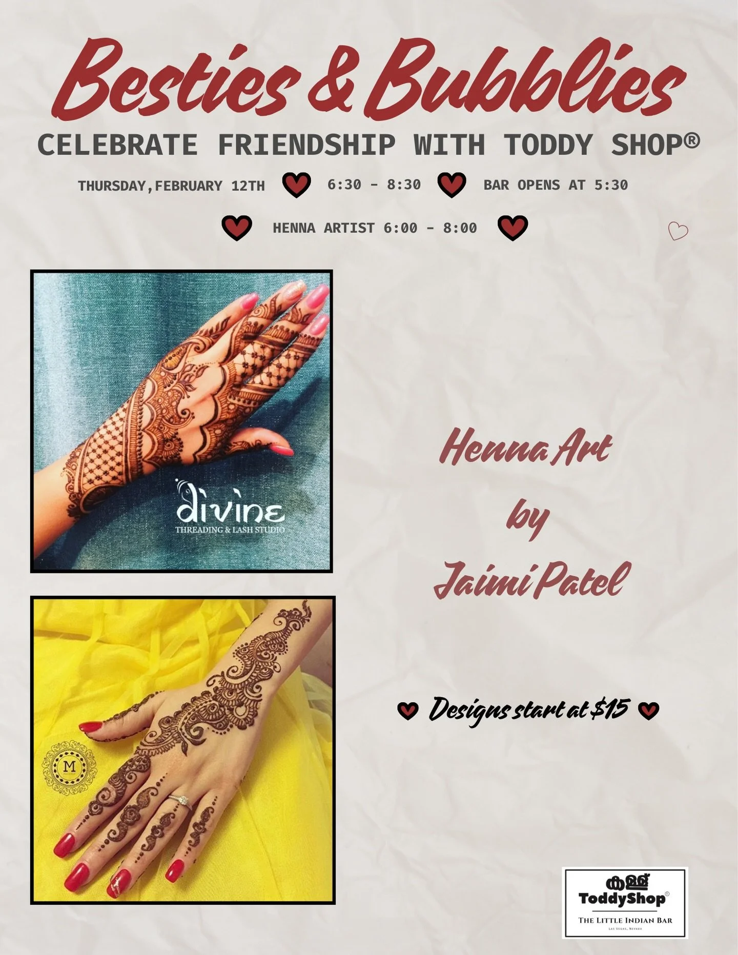 🌺 Surprise!!! Bubbles in one hand, henna on the other. 

 We&rsquo;re taking Girl Dinner to the next level at Besties &amp; Bubblies. We are so excited to announce that the incredibly talented  Local Henna Artist Jaimi Patel will be joining us at th