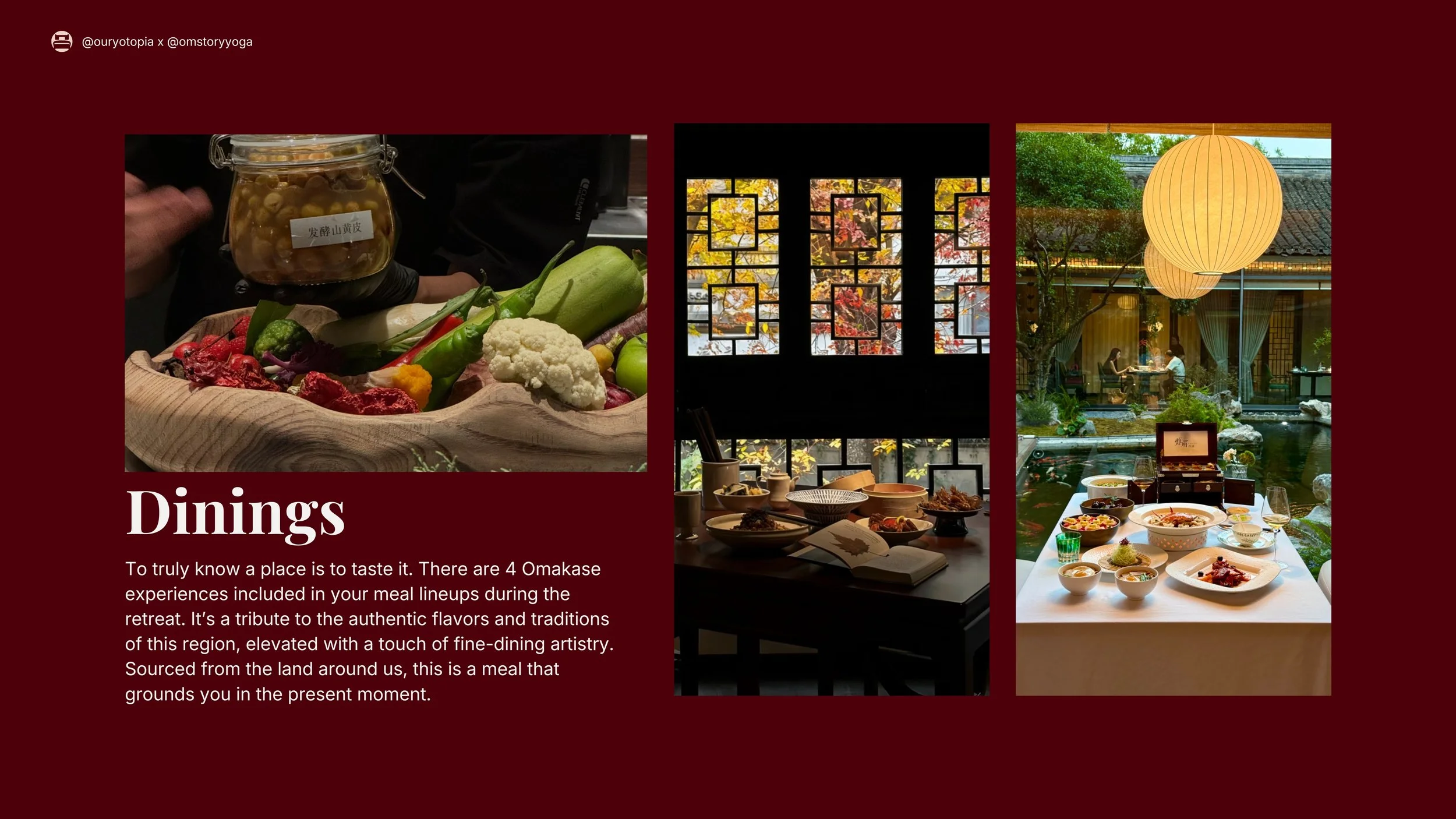 Collage of three images: a jar of preserved vegetables and fresh produce, a dining room with traditional Asian decor and window views of trees, and a table set with Asian dishes inside a restaurant with hanging lanterns and a pond outside.