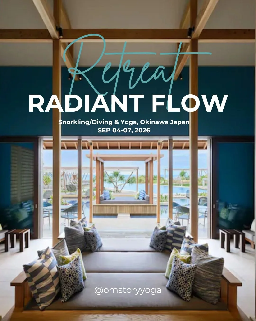 Interior of a wooden lounge with a view of the ocean, featuring cushions on a low sofa and outdoor seating with palm trees in Okinawa, Japan.