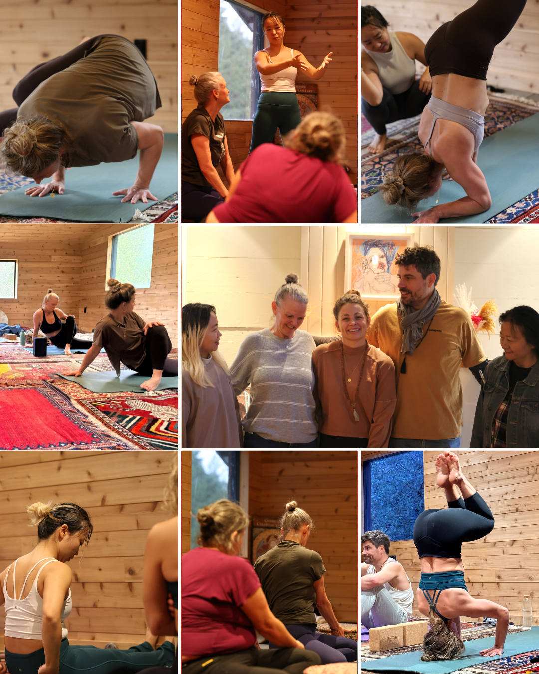 Group of people participating in a yoga or wellness workshop in a wooden room, some practicing yoga poses while others watch or chat, with a collaborative and relaxed atmosphere.