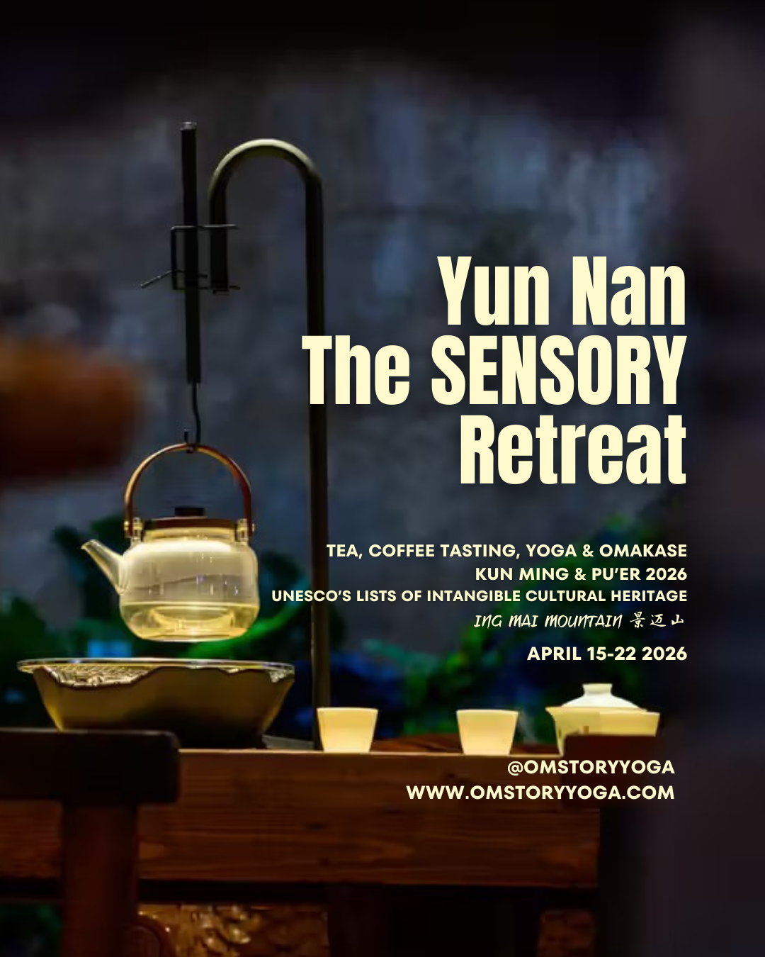 Tea kettle hanging over a traditional wooden tea table with tea cups, set against a blurred background with text overlay about a sensory retreat event in April 2026.