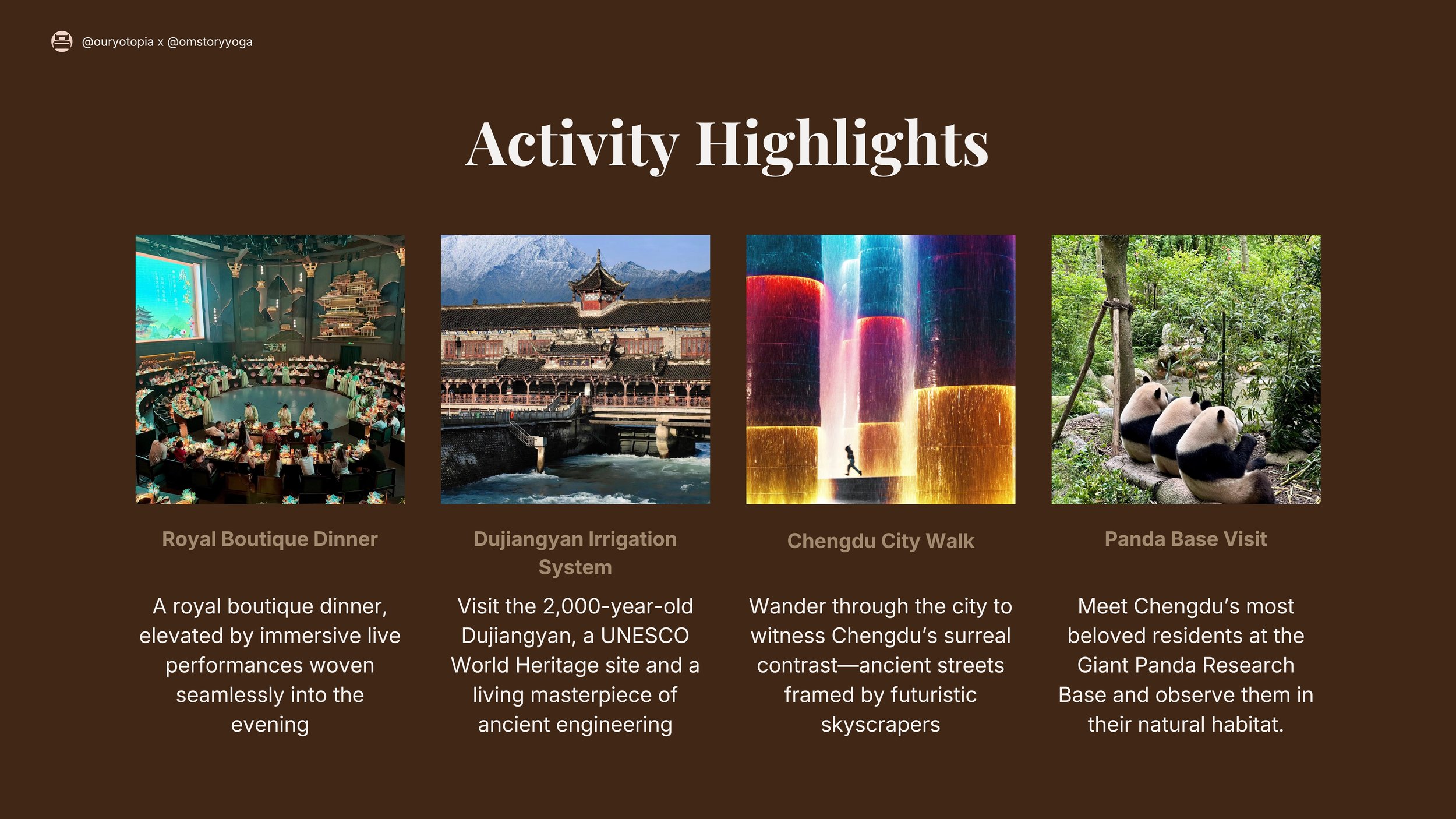 A digital slide titled 'Activity Highlights' features four images with descriptions underneath. The first image shows a royal banquet hall with a circular table and elaborate decorations, labeled 'Royal Boutique Dinner'. The second image displays a historic Chinese building with mountains in the background, labeled 'Dujiangyan Irrigation System'. The third image depicts a colorful waterfall in an urban setting at night, labeled 'Chengdu City Walk'. The fourth image shows pandas resting in a forest, labeled 'Panda Base Visit'.