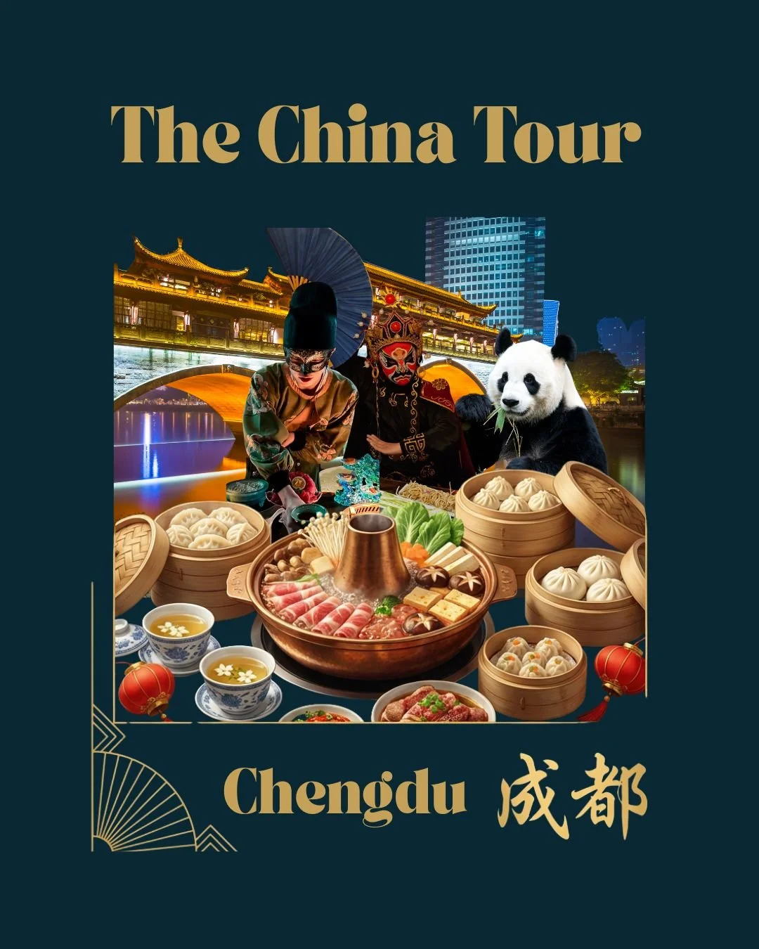 Travel poster for Chengdu, China featuring traditional Chinese masks, a panda, and an array of hotpot dishes with cityscape in the background.
