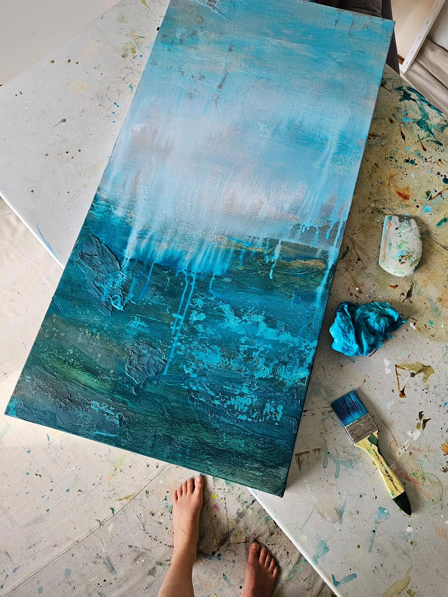 Painting in progress... building layers and surface textures.

This is an obviously sized and shaped canvas for a horizontal landscape, right? Well, I decided to go vertical with it! Why not? Something different. Perfect for a narrow wall (once it's 