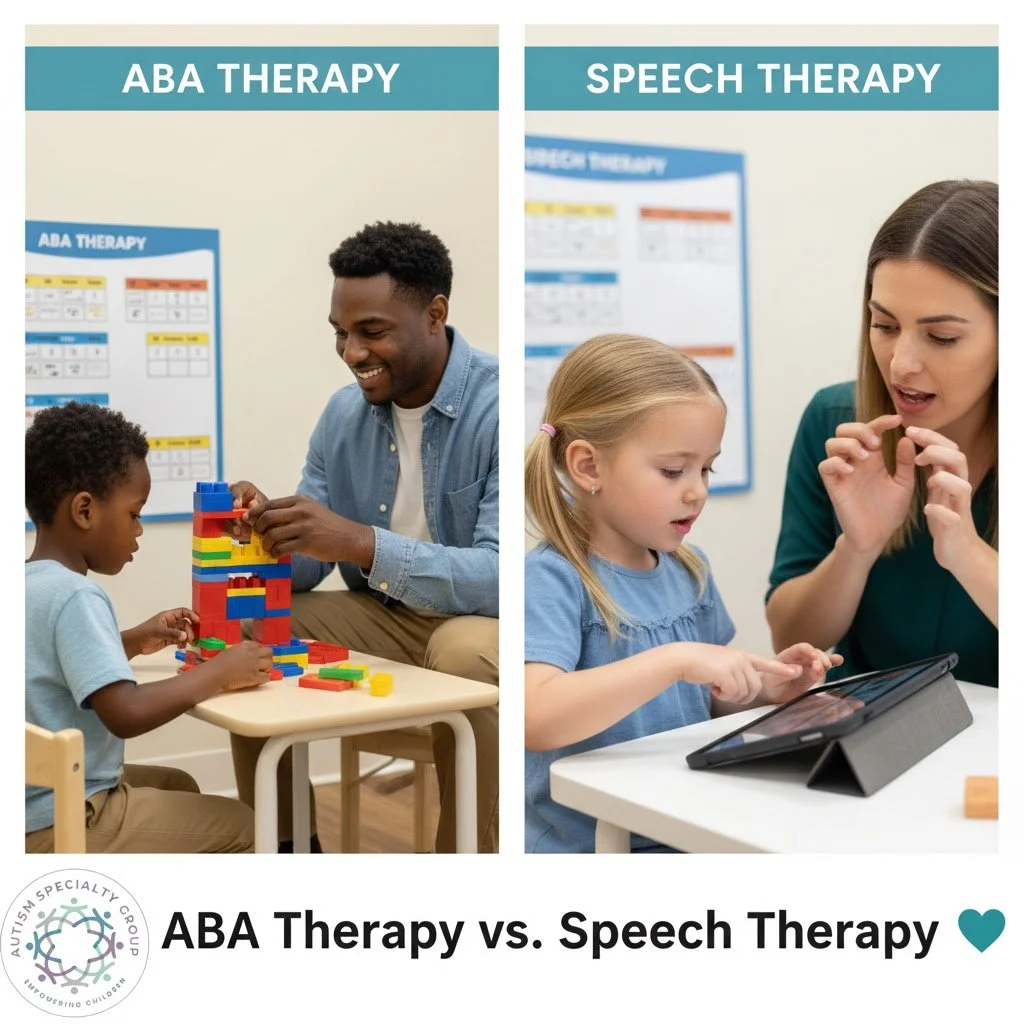 ABA Therapy vs. Speech Therapy &mdash; What&rsquo;s the Difference? 💙

Both therapies help children grow and learn, but they focus on different skills.

 - ABA Therapy helps children build social, communication, and life skills through structured te