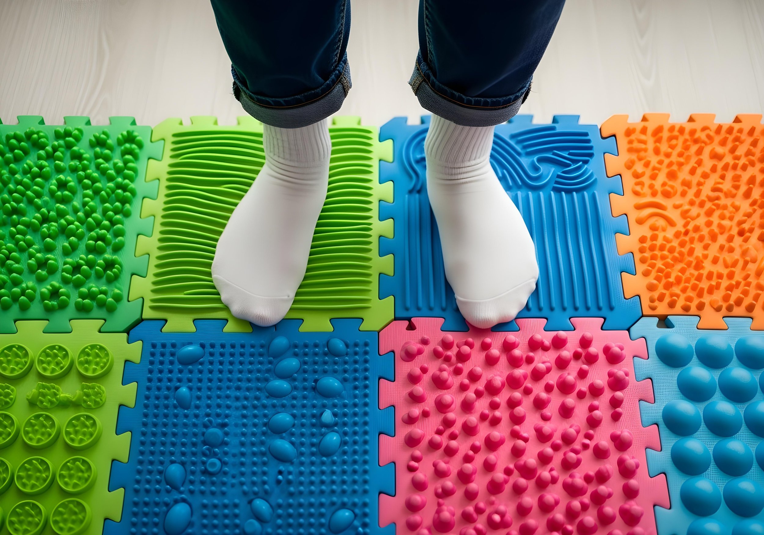 Child standing on sensory textured mats for balance therapy.