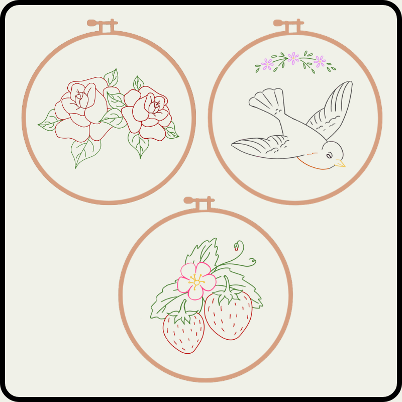 Digital rendering of three embroidery patterns in embroidery hoops: one of roses, one of bird, and one of strawberries.