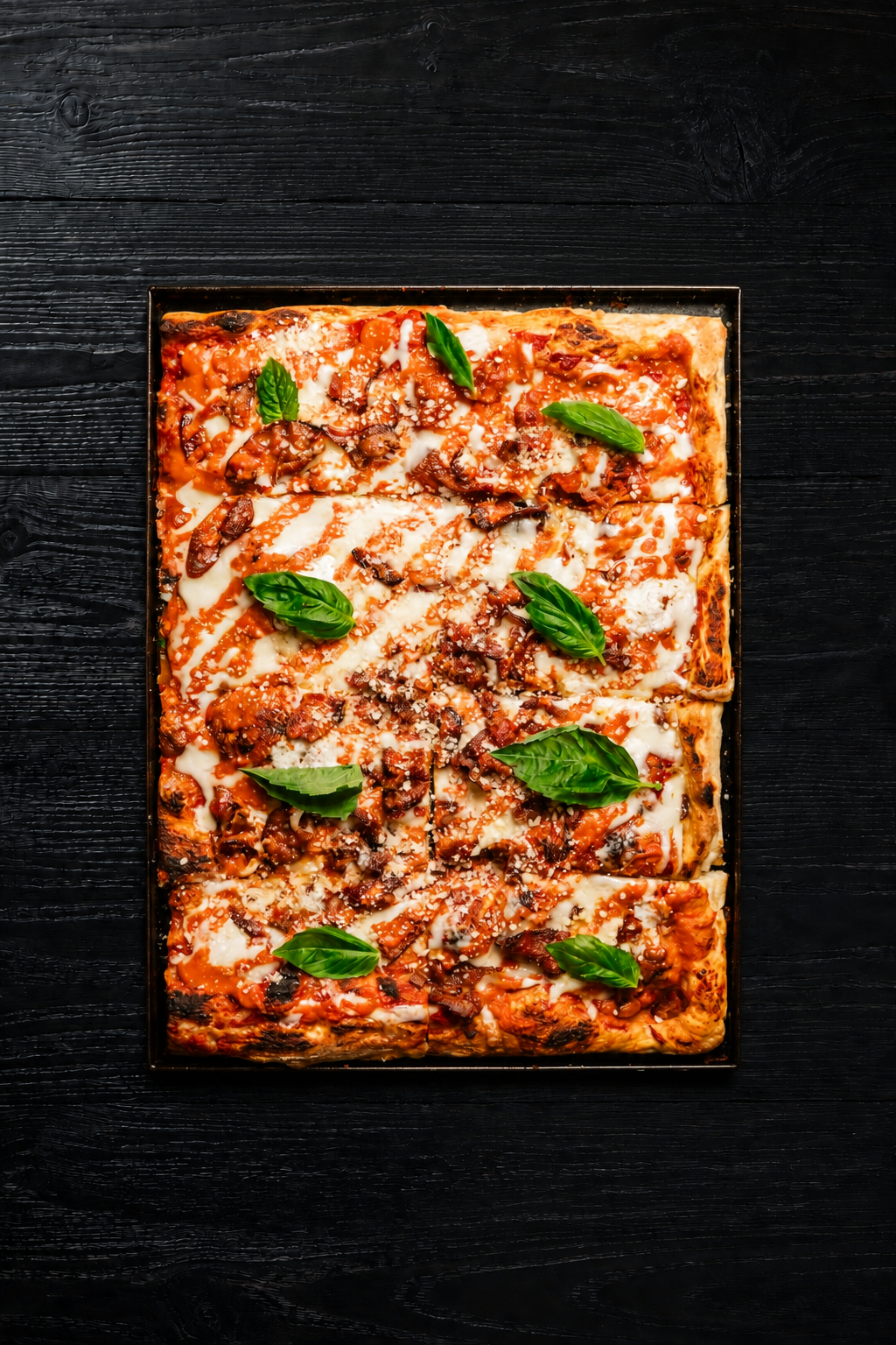 Alla Vodka Roman-style pizza with vodka sauce and fresh basil, photographed overhead.