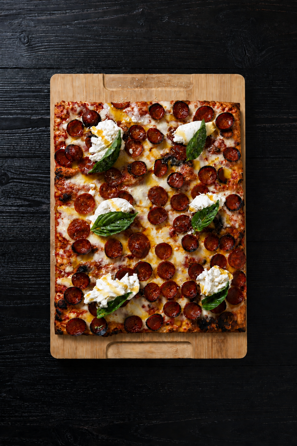 Proper Pepperoni Roman-style pizza with cupped pepperoni, burrata, and fresh basil.