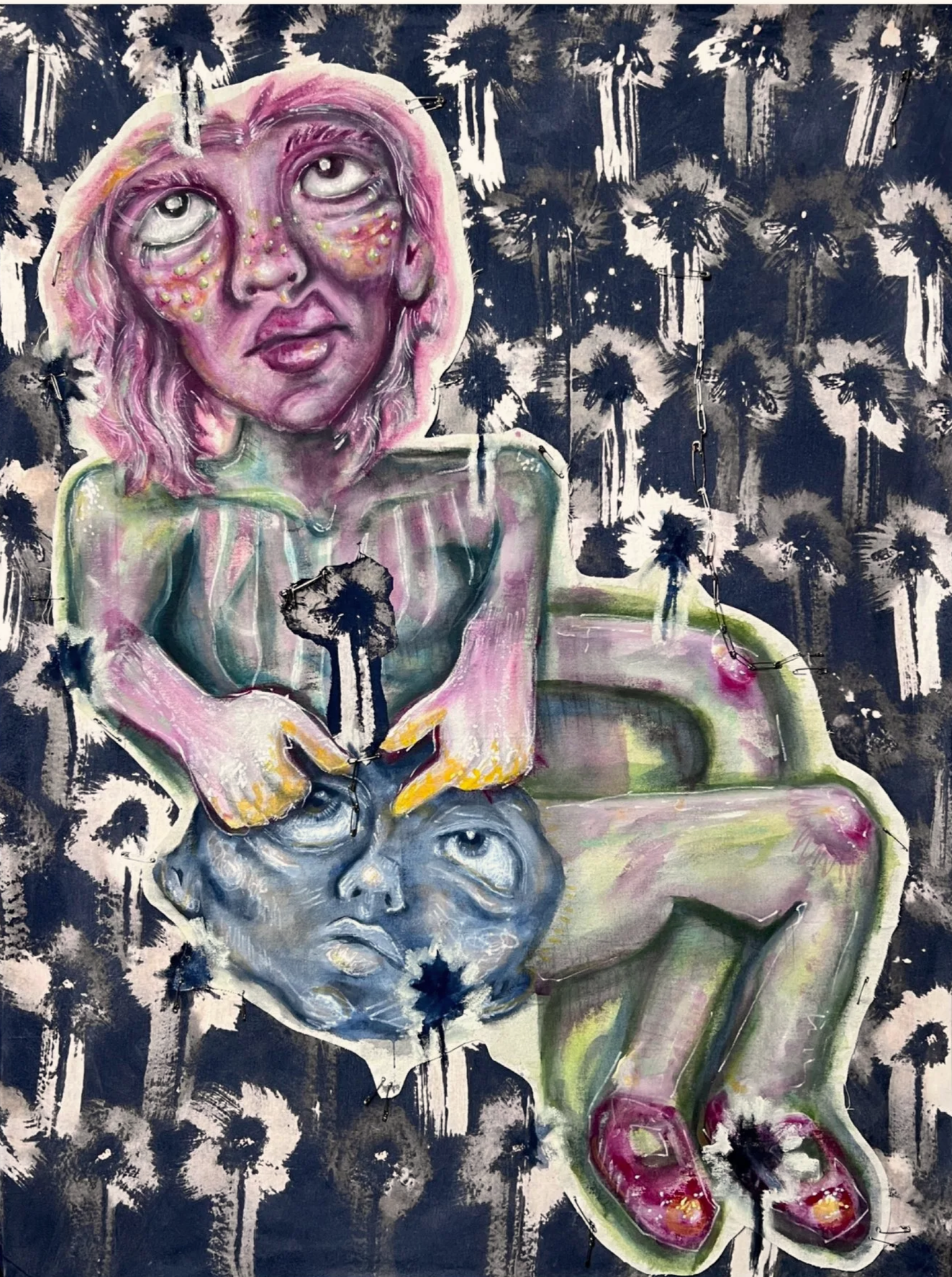 Sun Companions Cold Gaze, acrylic on raw canvas and bleach on cotton