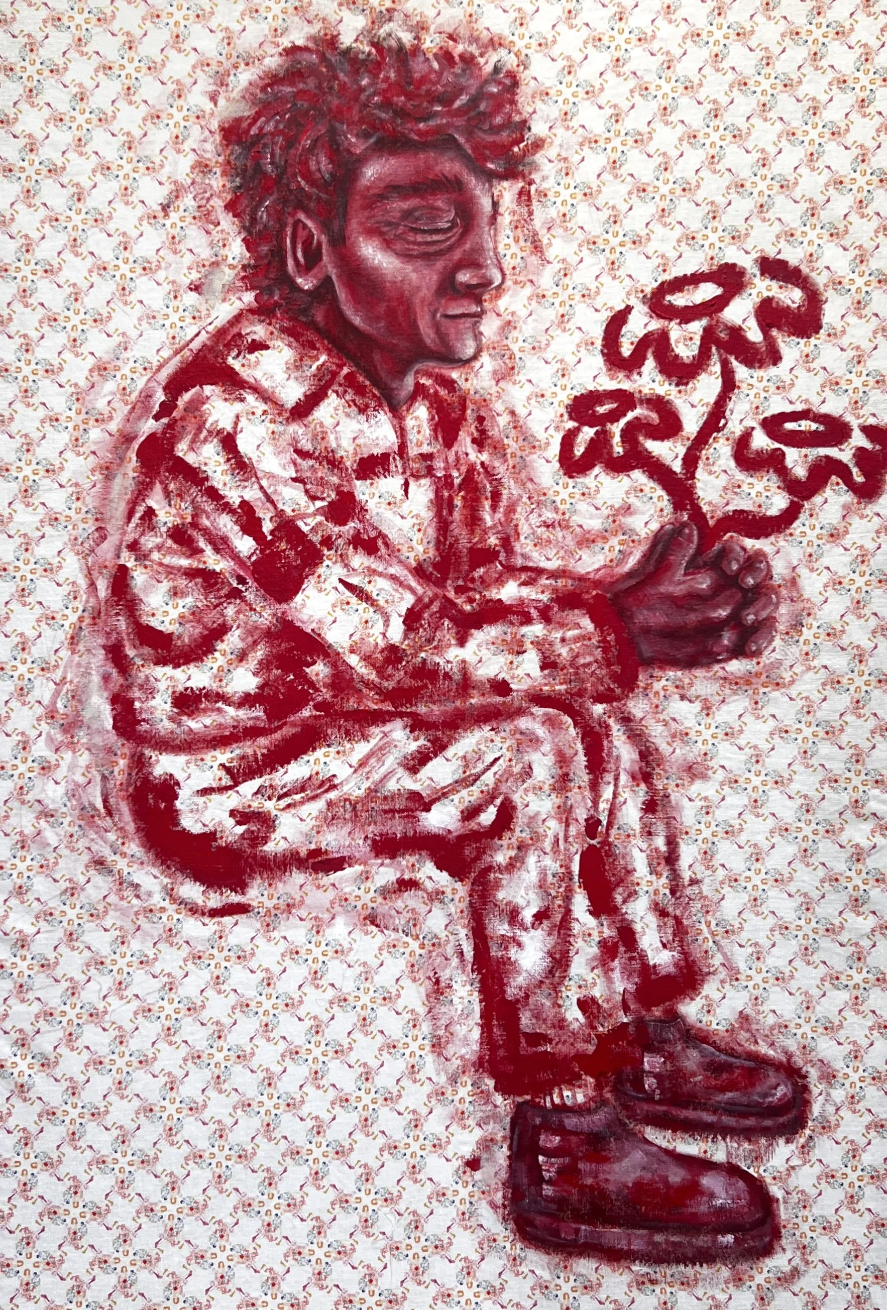 Passing Flowers, acrylic on patterned linen, 2024