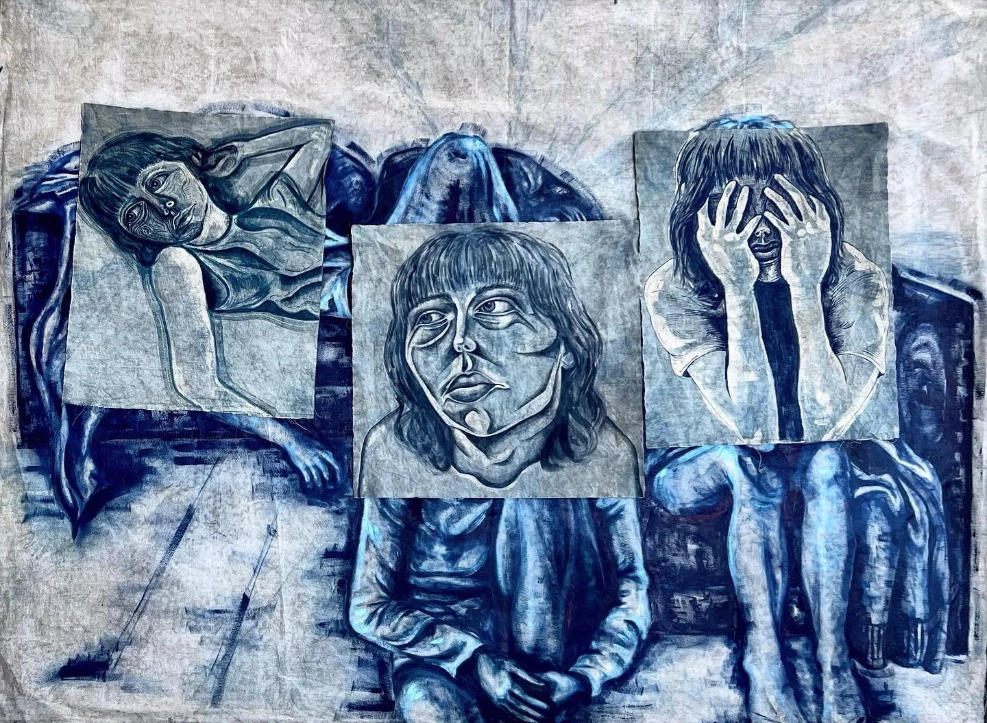 Vehemence, (Veiw 2), oil on indigo dyed cotton with hand painted acid dyed cotton, installed with magnets, 2023