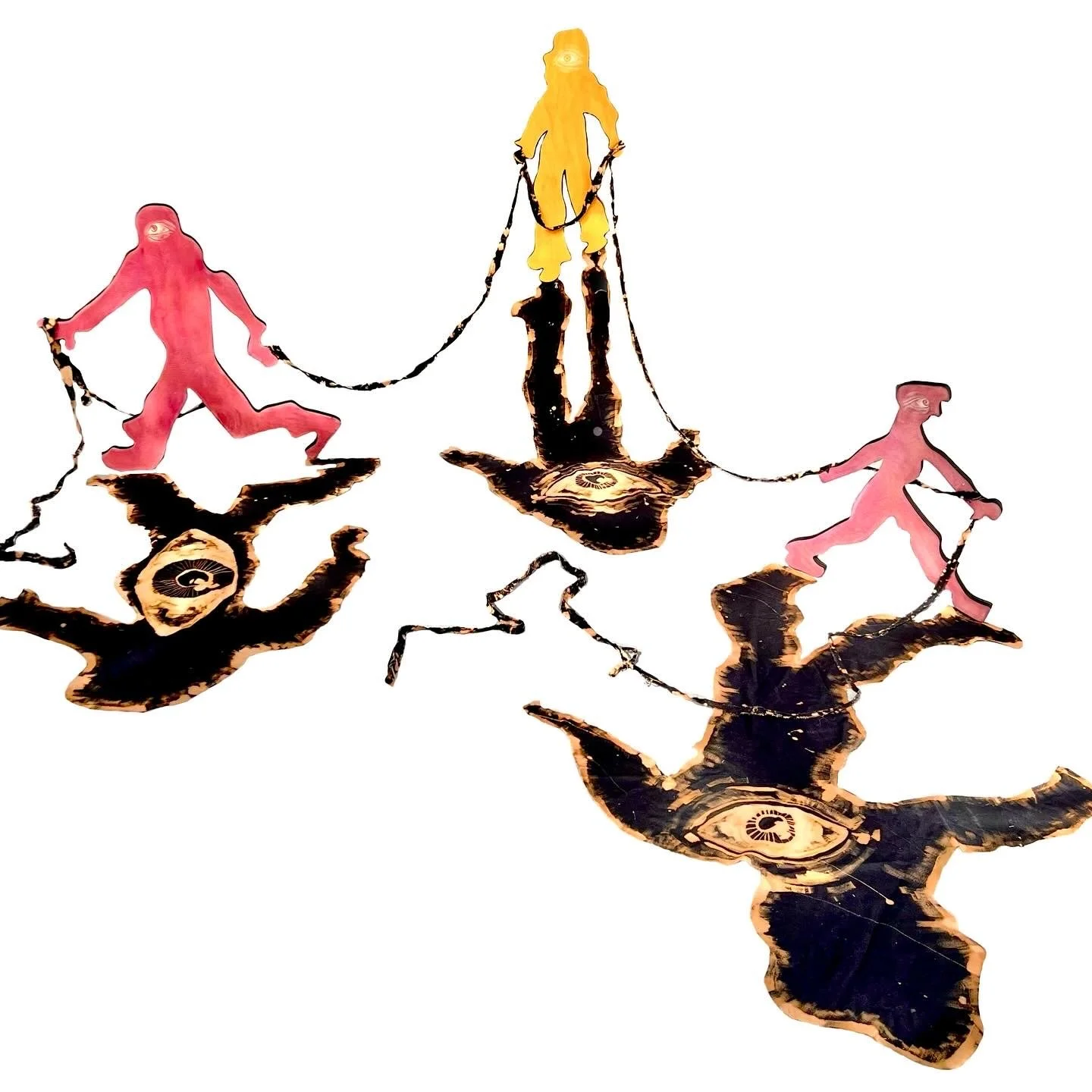 Shadows of Shadows, lazer cut birch plywood and acrylic with bleach on fabric, 2024