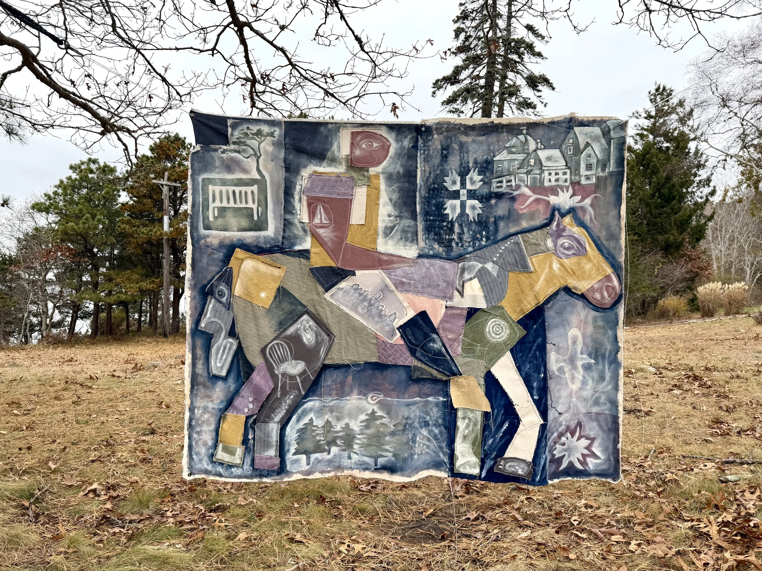 CMPNN, acrylic on canvas, fabric & denim, machine sewing, 2025 (collaboration)