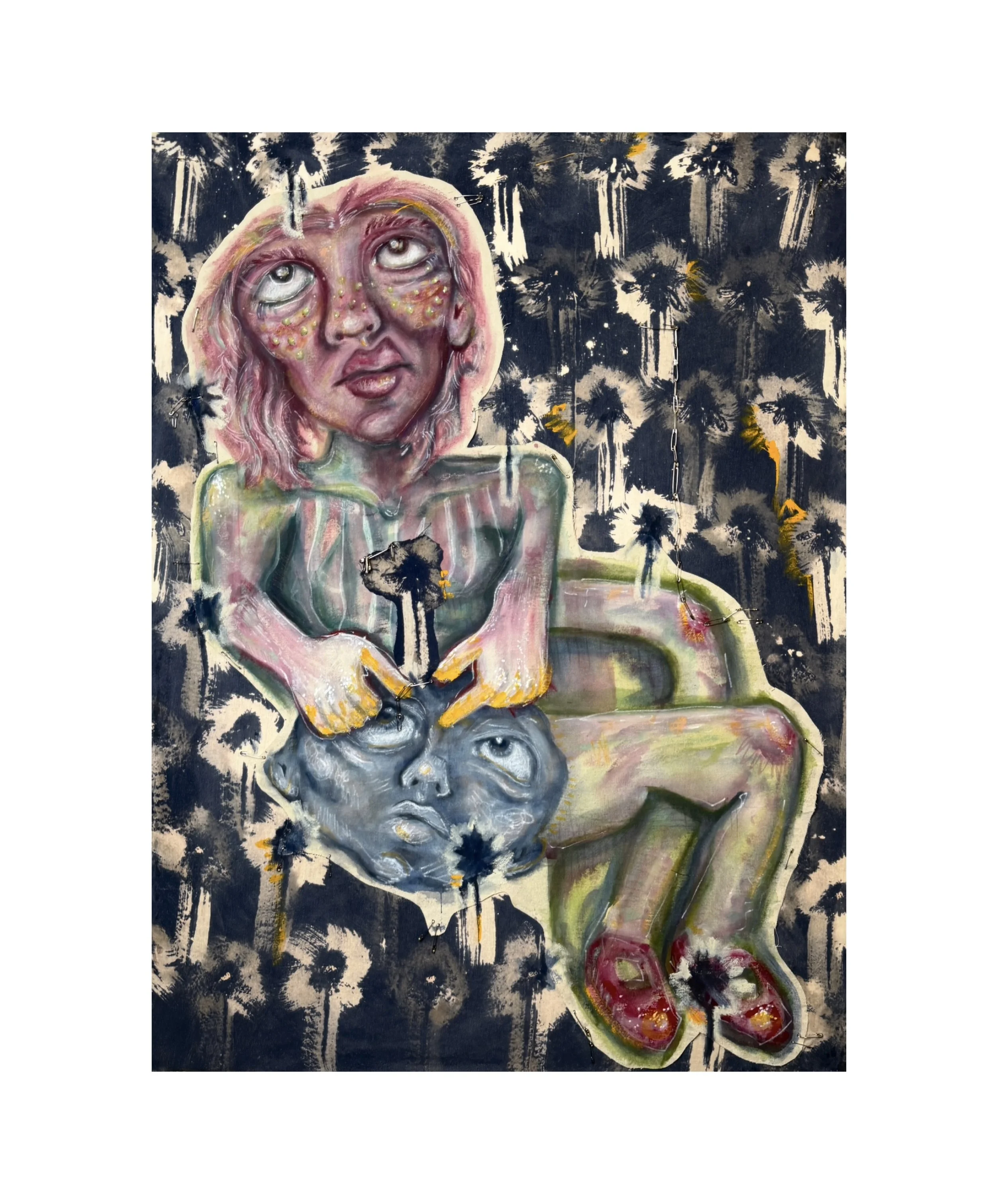 Sun Companions Cold Gaze, acrylic on canvas, bleach on cotton & safety pins, 36 in x 48 in, 2025 (show specific) 