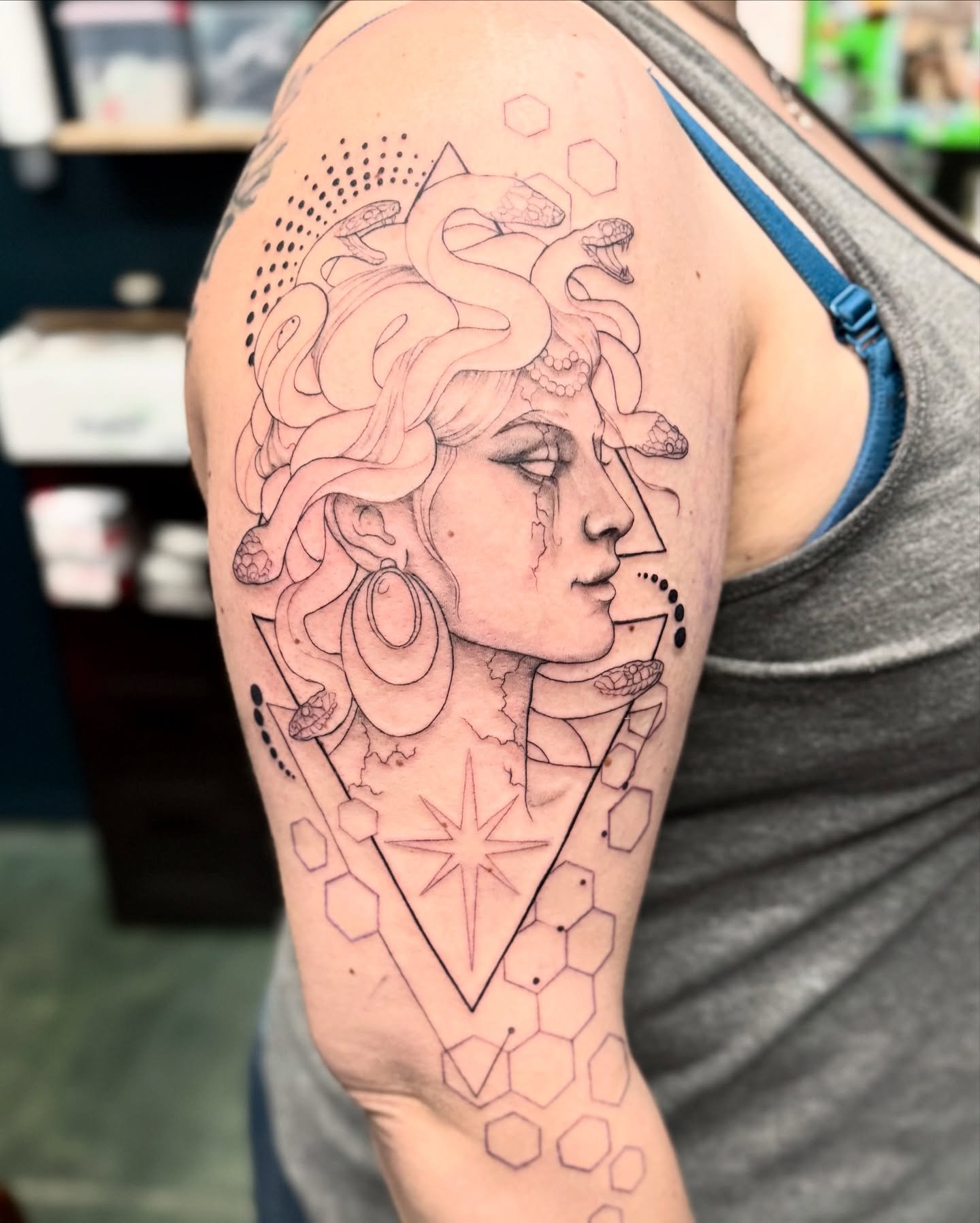 *WIP* Medusa 🐍🧟&zwj;♀️ done by Akiko @akikoworkart 
.
.
.
#medusatattoo #medusa #greekmythology #blackandgreytattoo