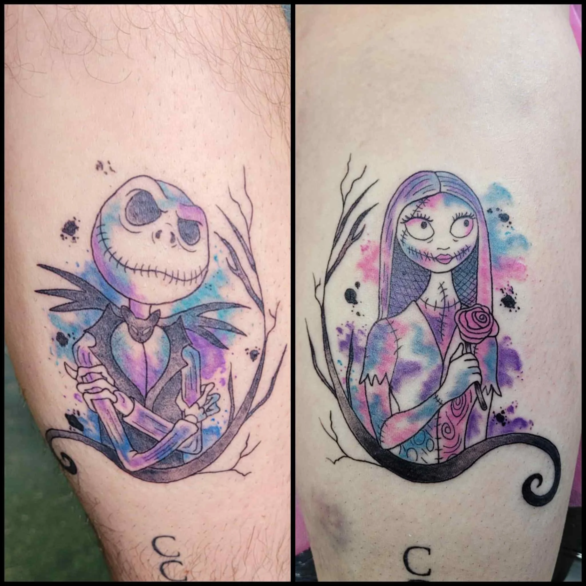 Jack and Sally, spooky season is starting early! done by Kendra @kendra.thorn.tattoo