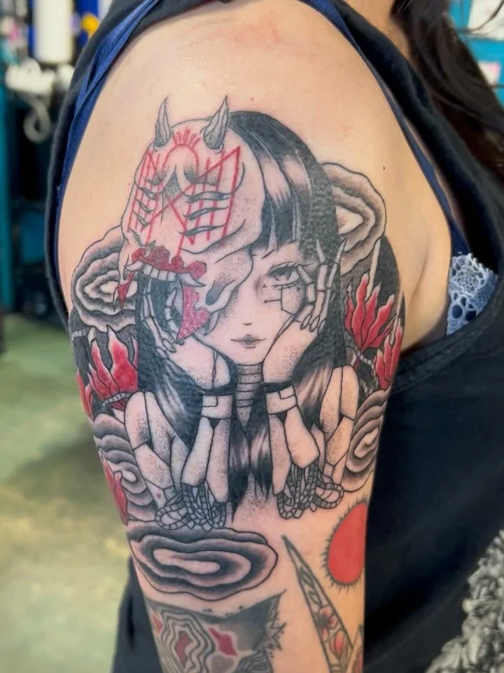 Tomie x Sleep Token x Japanese style x Cyber punk style custom piece❤️&zwj;🔥 Designed/Done by Rena🦈 @07ch_art Thank you so much for letting me do such a fun project!!!

#tattoo #tattooartist
