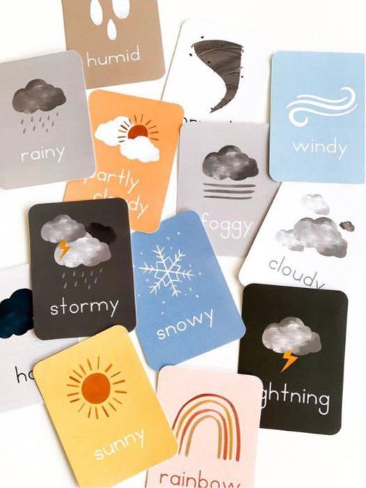Collection of weather-themed illustrated cards showing various weather conditions, including rainy, humid, partly cloudy, windy, stormy, snowy, foggy, cloudy, sunny, rainbow, and lightning.
