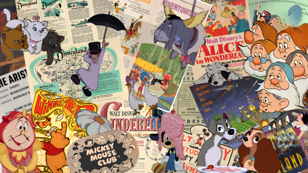 Collage of Disney-themed illustrations and memorabilia, including characters from "Alice in Wonderland," "Cinderella," "The Aristocats," "Winnie the Pooh," "Mickey Mouse," and "101 Dalmatians."