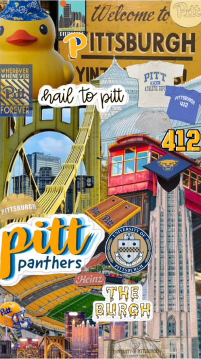 Collage of University of Pittsburgh symbols and landmarks, including a large yellow rubber duck, pittsburgh bridges, Heinz Field, and various Pitt logos and merchandise.