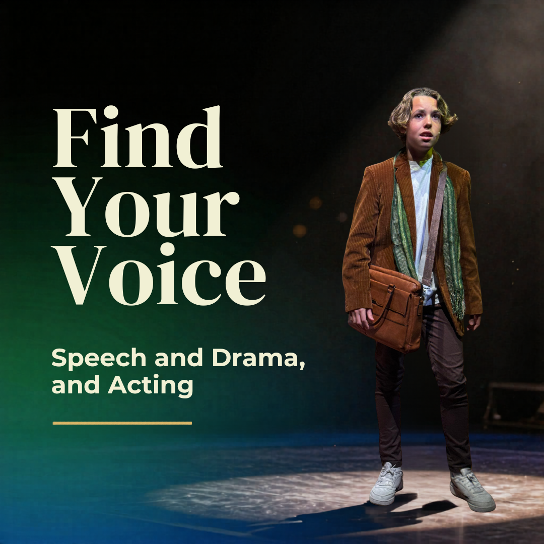 The image shows a young actor performing on stage, wearing a brown blazer, green scarf, gray shirt, dark pants, and sneakers, with a messenger bag. The background is dark with stage lighting, and text on the left reads 'Find Your Voice: Speech and Drama, and Acting.'