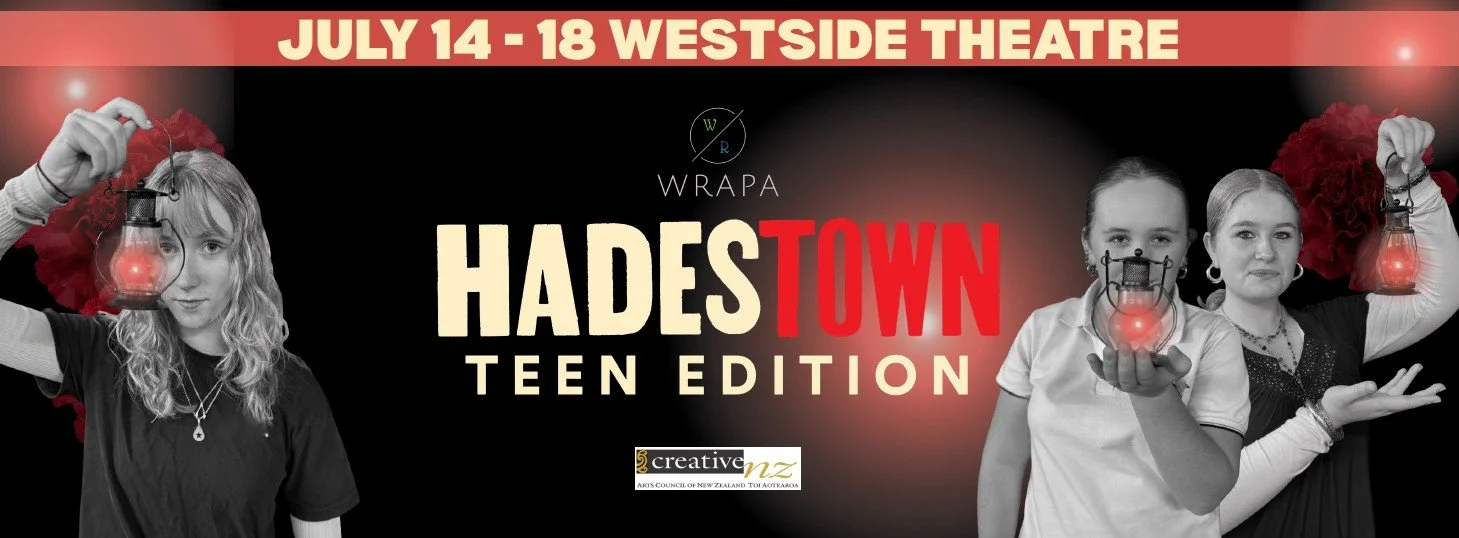 Image promoting Hadestown: Teen Edition, a youth musical. The image features three young women holding lanterns in a black and white style. 