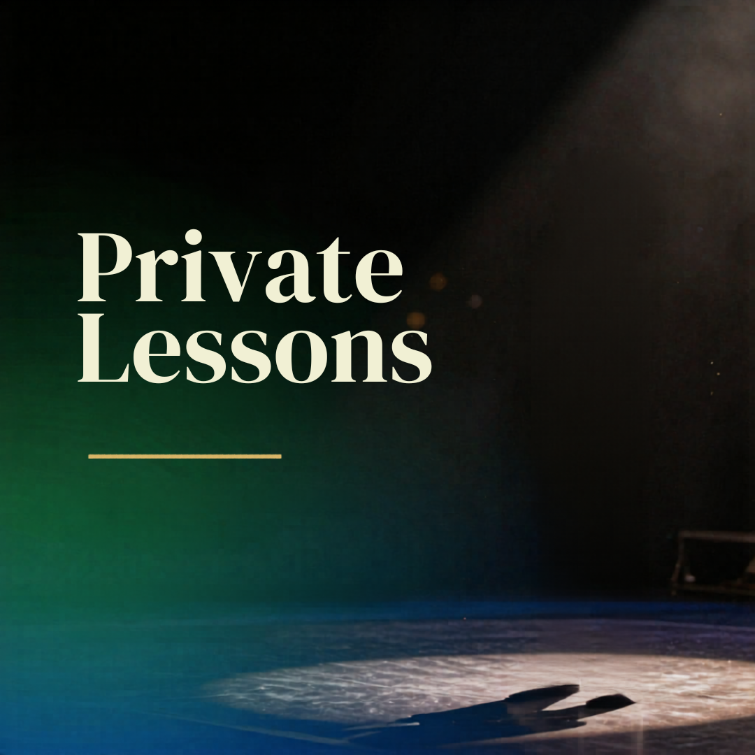 A darkened stage with the words 'Private Lessons' in large white font, some lighting effects on the floor, and a faint bench to the right.