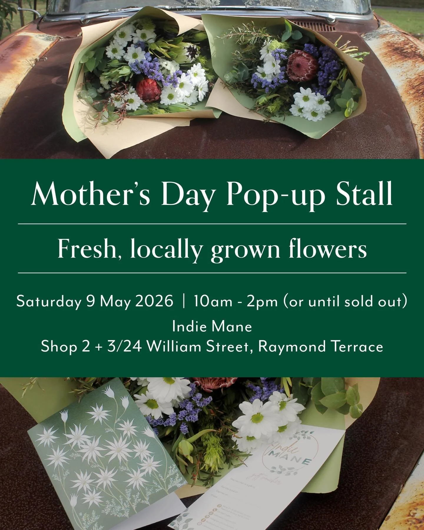 We are SO excited to be hosting our Mother&rsquo;s Day pop-up this year at the stunning @indiemane_rt!

Last year our pop-up sold out in just 2 hours so preorders are HIGHLY recommended to secure your locally grown, bush inspired blooms.

Preorder no