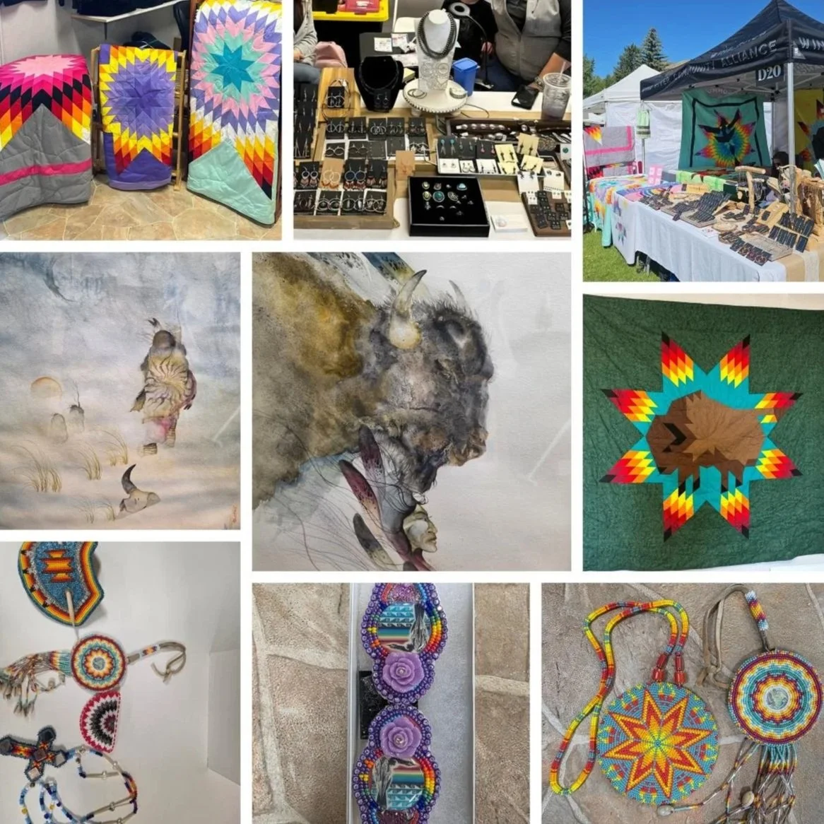 Images of a craft fair showcasing various handmade items including colorful quilts, jewelry, paintings, and beaded accessories.
