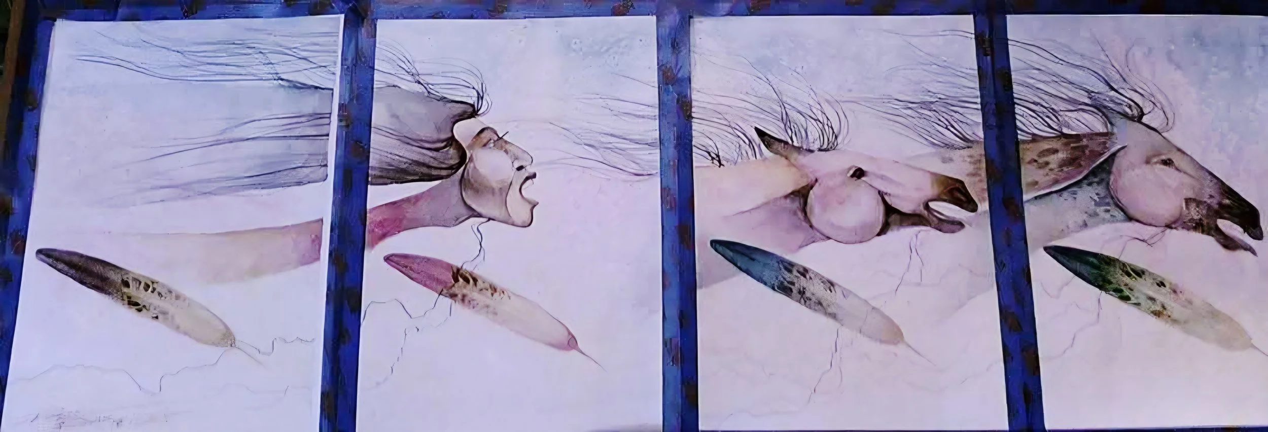 Triptych mural art depicting a woman's face with flowing hair transitioning into flying fish.