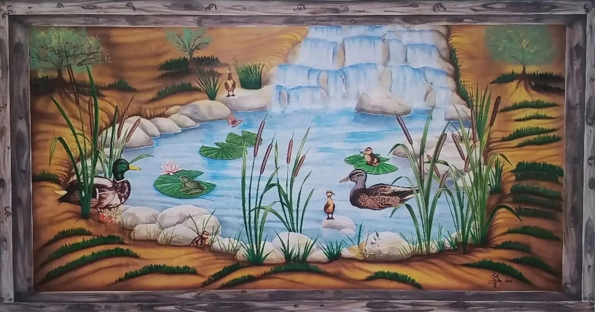 A painting of a waterfall flowing into a pond with ducks, lily pads, reeds, and stones.