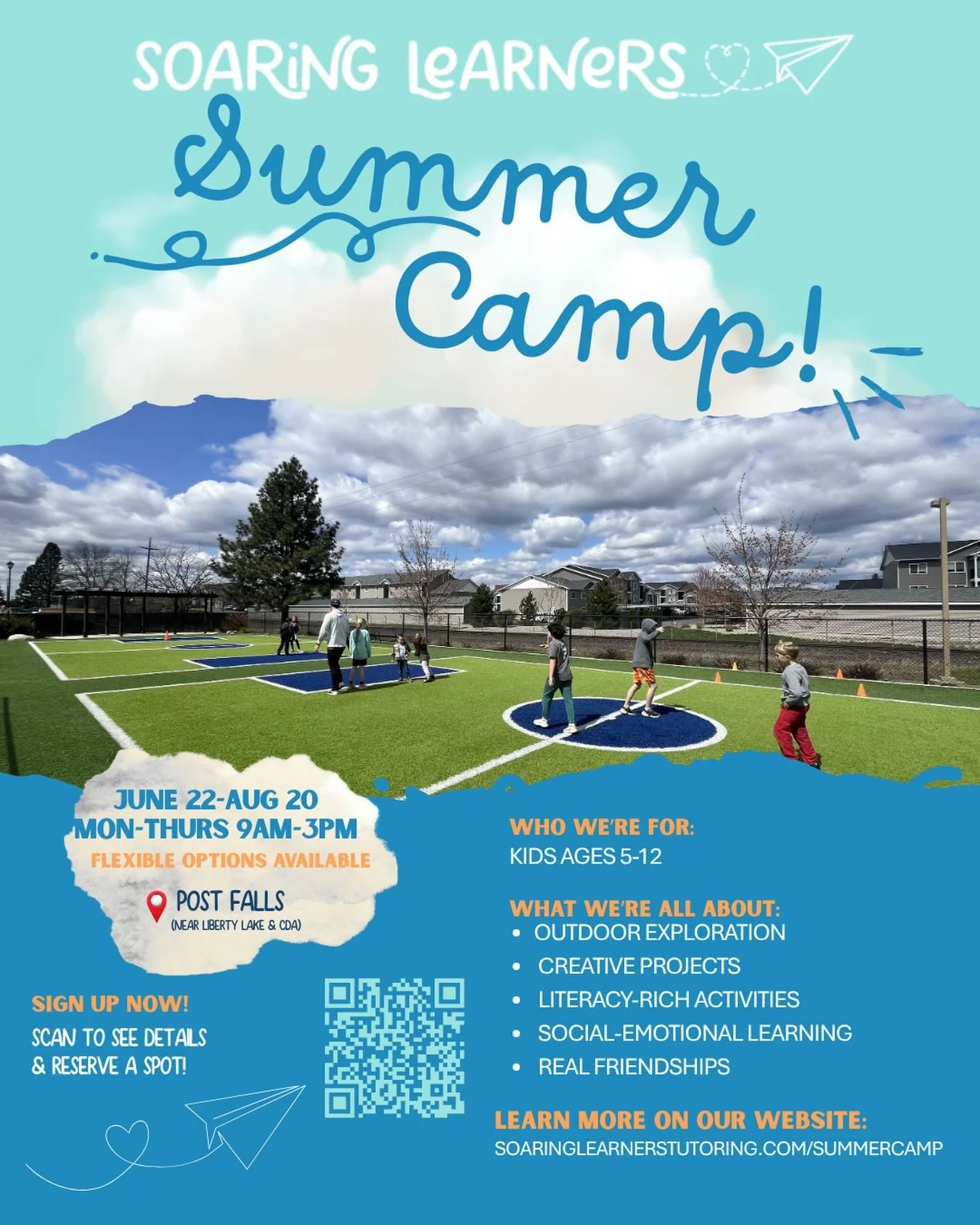 ☀️✈️ SUMMER CAMP + DROP-IN DAYS! ✈️☀️

Looking for a summer filled with adventure, friendship, creativity, and learning? Join us at Soaring Learners Summer Camp in Post Falls!

🌿 Outdoor Exploration
🎨 Creative Projects
📚 Literacy-Rich Activities
?