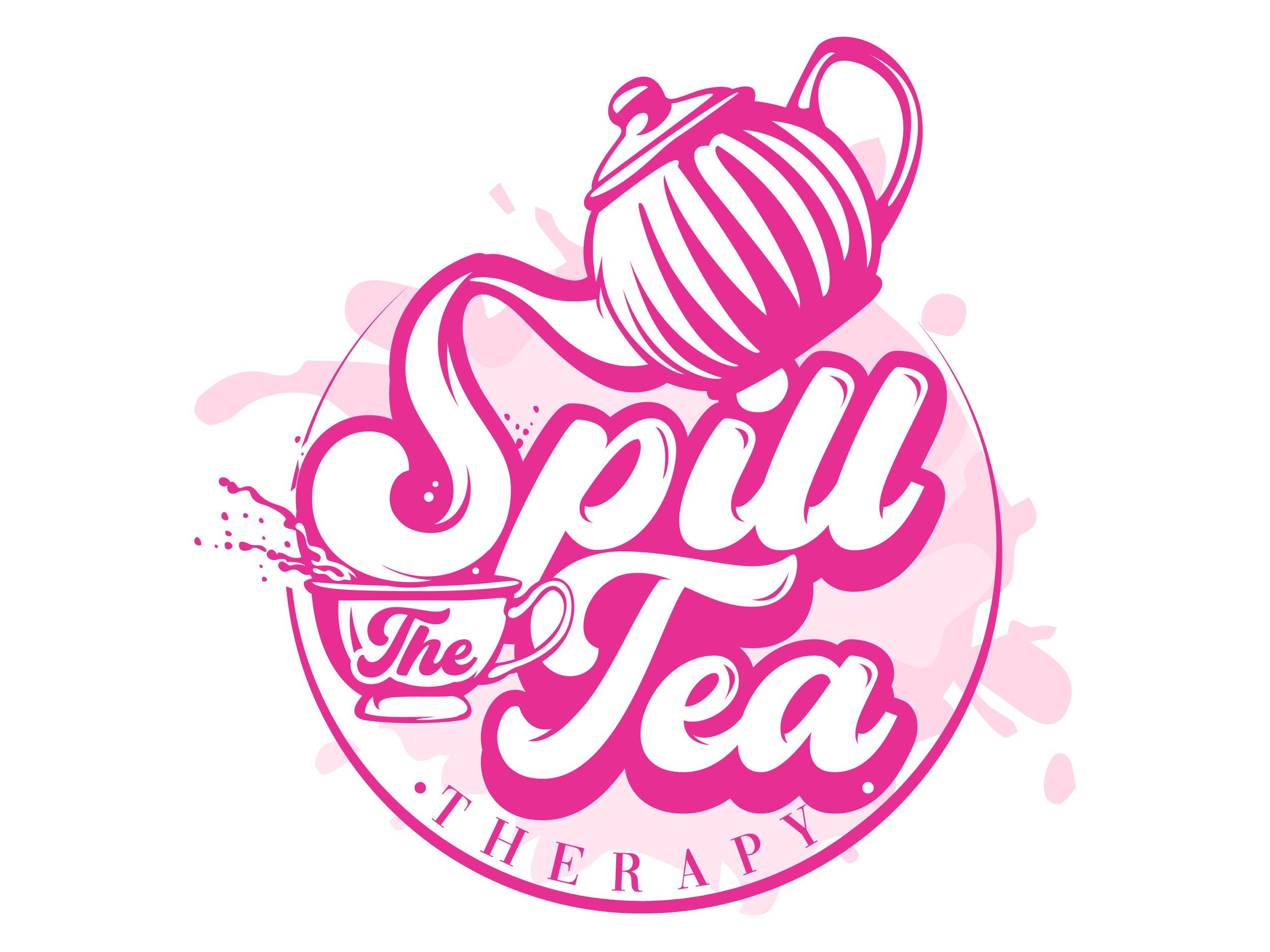 Pink and white illustrated teapot with steam and a heart-shaped design, surrounded by splashes and swirls, with the words 'Tea The Rape' in decorative script.
