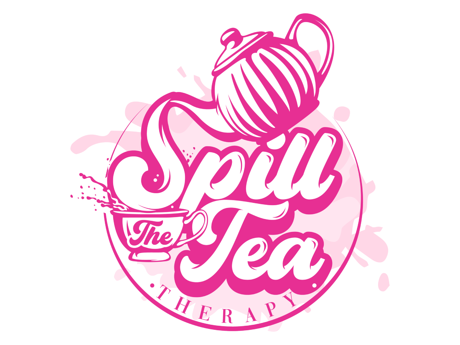 Logo for Spill the Tea Therapy featuring a pink teapot, splashes, and a teacup with the text 'Spill the Tea' and 'Therapy'.