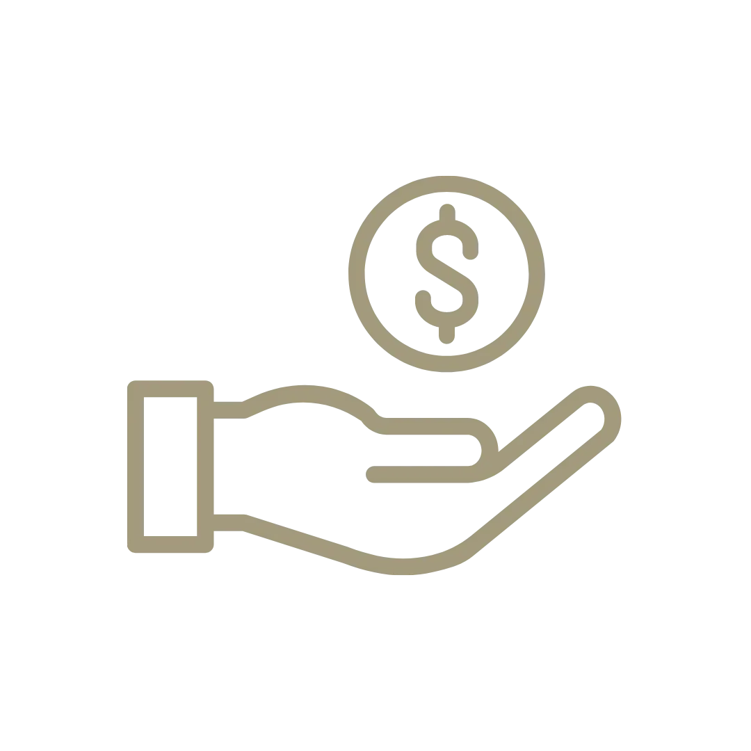 Outline of a hand holding a coin with a dollar sign, representing financial or monetary exchange.