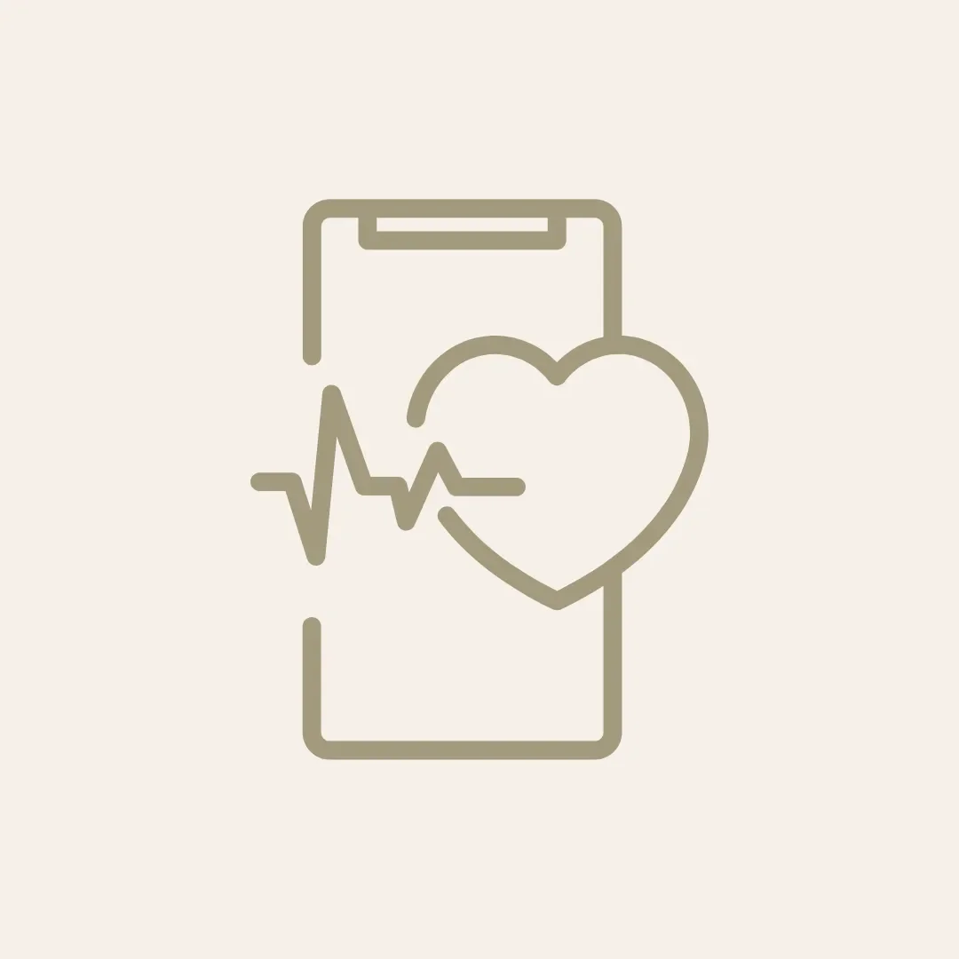 Line drawing of a smartphone with a heart and an electrocardiogram line