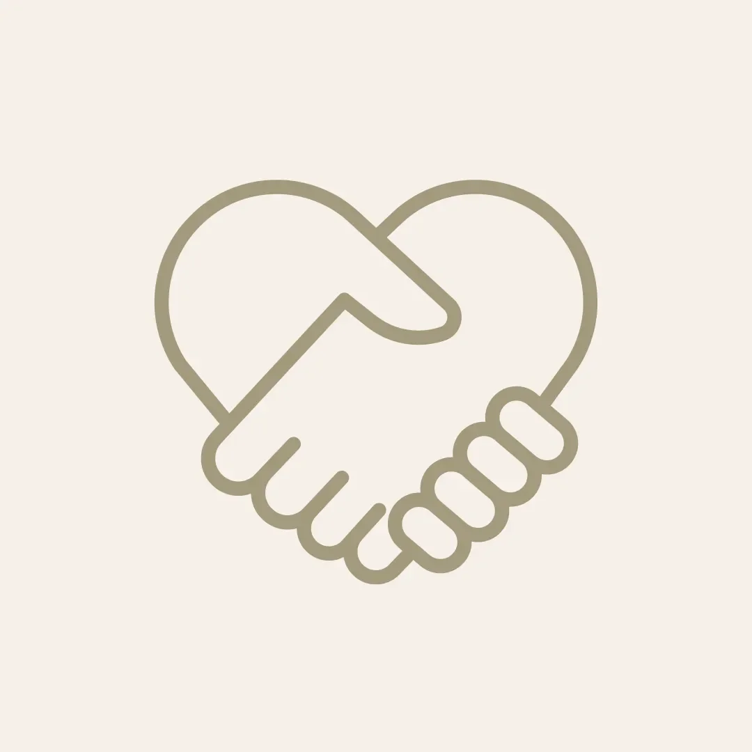 Line drawing of two hands shaking, forming a heart shape.