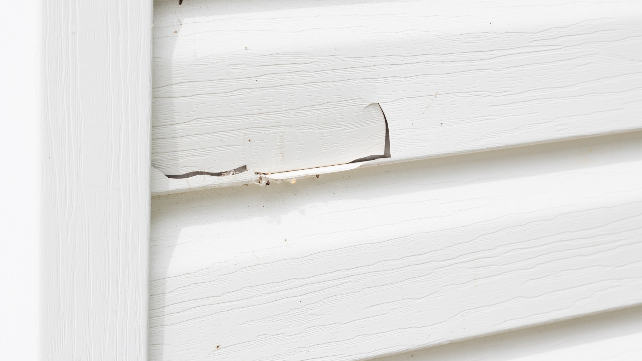 Close-up of a damaged section of white wooden siding with a large crack and splintering caused by hail.
