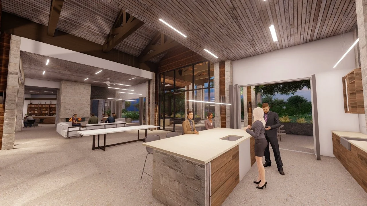 Spacious open-concept interior of a residential home with wood ceiling, large windows, and entry way to an expansive courtyard. 